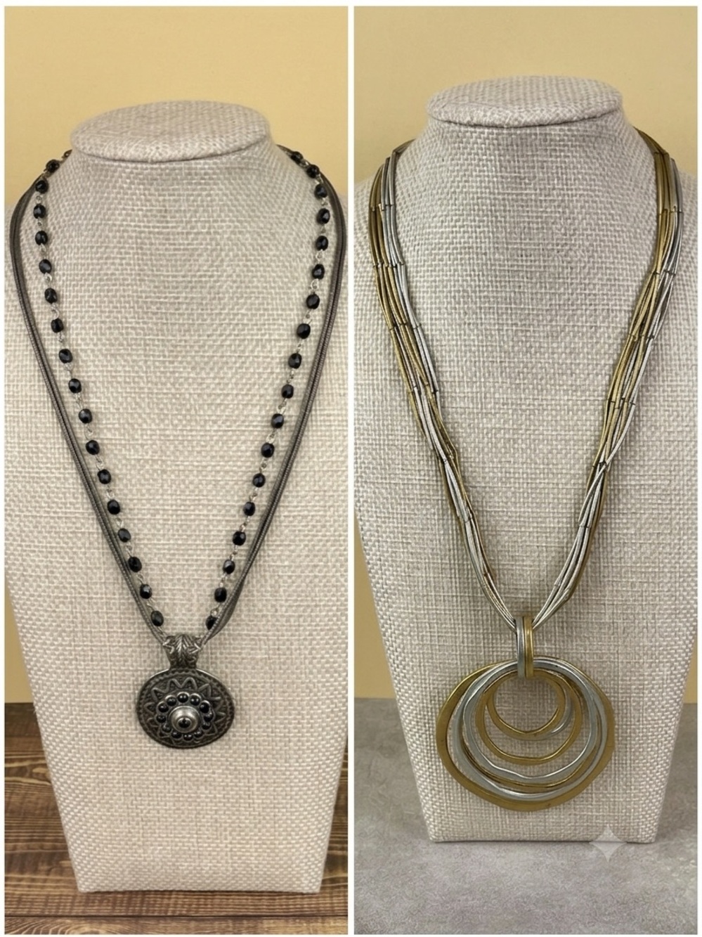 Chico’s Artisan Necklace Lot - Mixed Metal & Black Bead Medallion Pendant